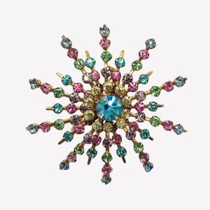 Vtg Atomic Starburst Firework Pastel Prong Set Rhinestone 3D BroochPin